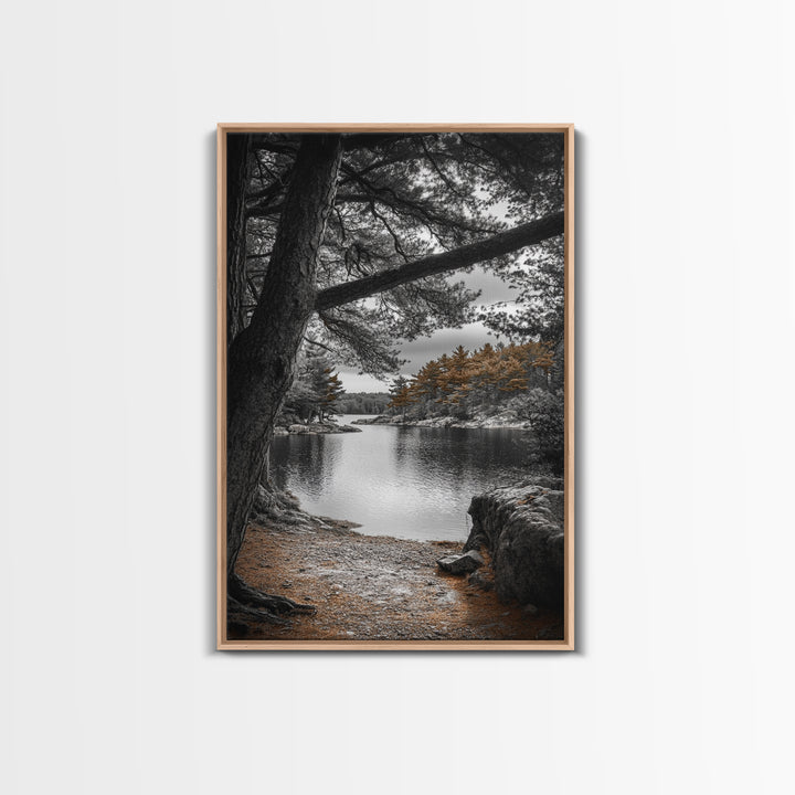 Autumn Forest Lake, Nature Photography, Scenic Landscape, Canvas Print, Rustic Cabin Decor, Neutral Tones, Bedroom Wall Art, Outdoor Art