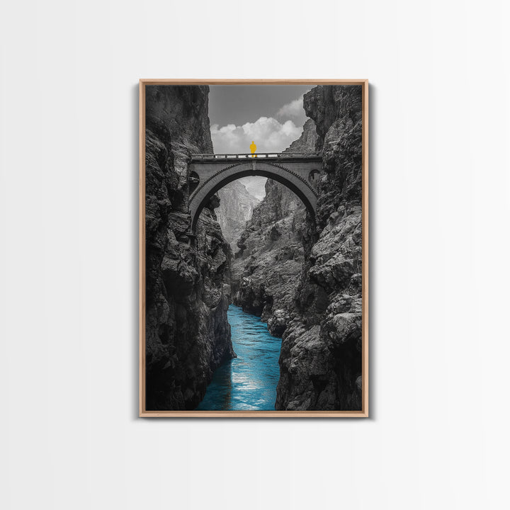 Canyon Bridge, Blue River, Yellow Figure, Framed Canvas Print, Bold Color Photography, Dramatic Landscape, Office Statement Art