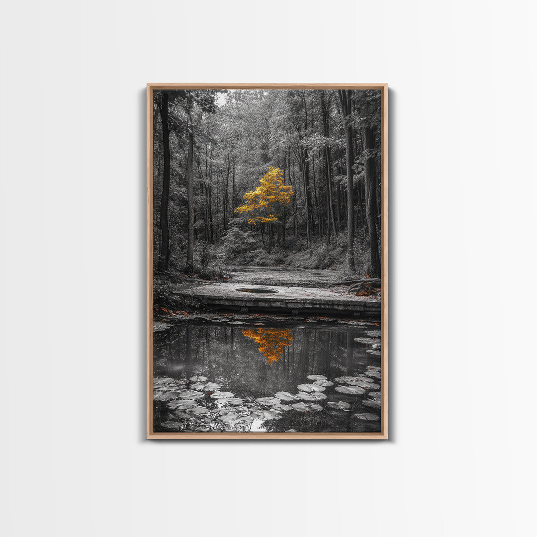 Lone Yellow Tree, Tranquil Pond, Forest Reflection, Canvas Print, Fall Nature Wall Art, Autumn Minimalist Decor, Peaceful Meditation Room