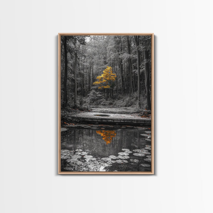 Lone Yellow Tree, Tranquil Pond, Forest Reflection, Canvas Print, Fall Nature Wall Art, Autumn Minimalist Decor, Peaceful Meditation Room