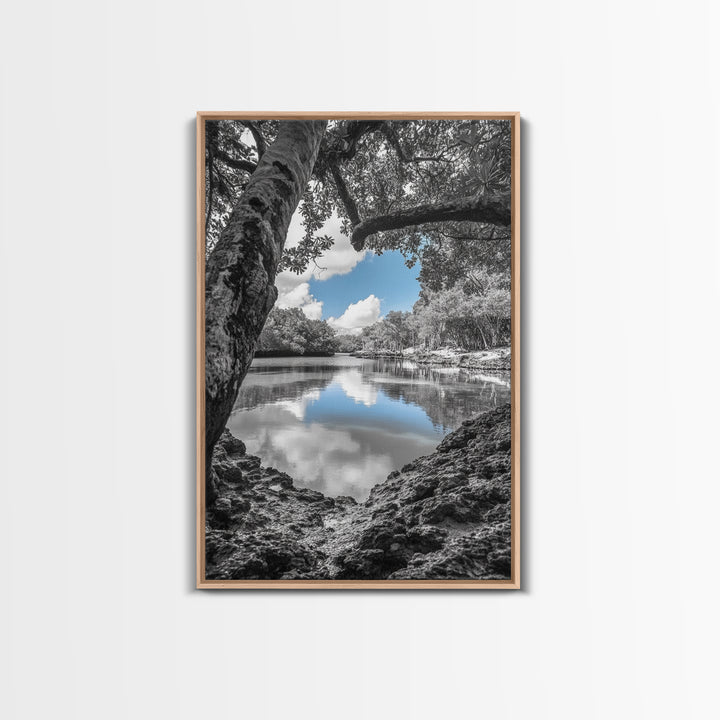 Blue Sky River, Tropical Trees, Natural Tranquility, Framed Canvas Print, Relaxing Bedroom Wall Art, Coastal Nature, Serene Landscape Decor