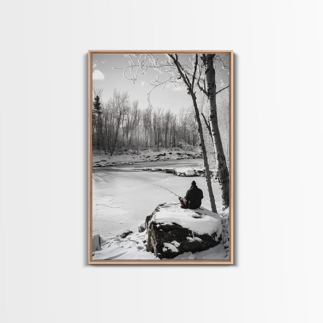 Winter Fishing, Snowy River, Peaceful Solitude, Canvas Print, Cabin Wall Art, Rustic Outdoor Decor, Black White Nature Photography