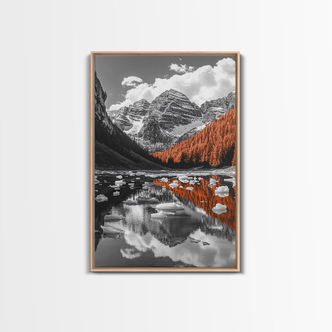 Mountain Reflections, Autumn Pines, Glacial Water Scene, Framed Canvas Print, Fall Landscape Wall Art, Nature Lover Home Decor