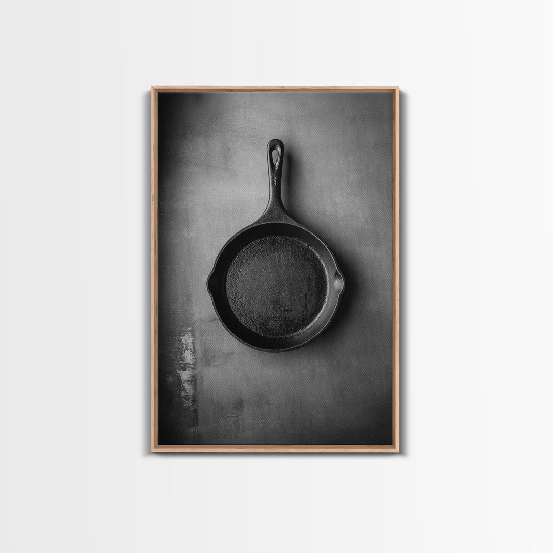 Cast Iron Pan, Rustic Kitchen, Black White Still Life, Framed Canvas Print, Kitchen Wall Art, Farmhouse Cooking Decor, Chef Gift Idea
