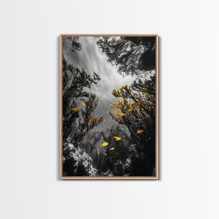 Golden Fish, Kelp Forest, Ethereal Ocean Scene, Framed Canvas Print, Underwater Wall Art, Nature Photography, Bathroom Sea Decor