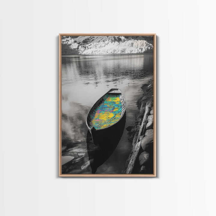 Rowboat Map Interior, Lake Reflections, Artistic Travel Theme, Canvas Print, Cabin Wall Art, Unique Lake House Decor, Explorer Style