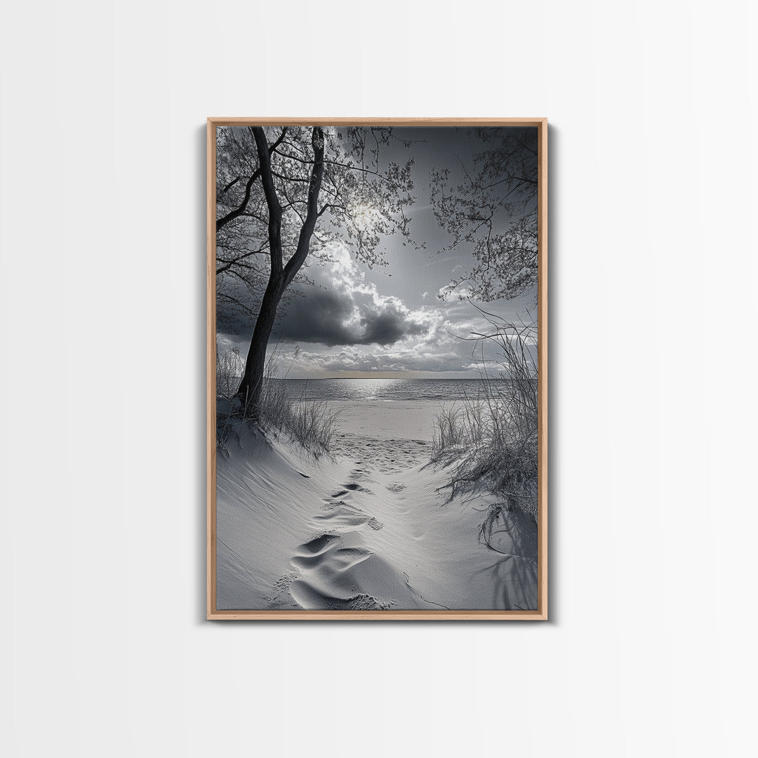 Beach Dunes Sunset, Seaside Escape, Quiet Shore Path, Coastal Calm, Framed Canvas Print, neutral coastal art,  bathroom wall decor