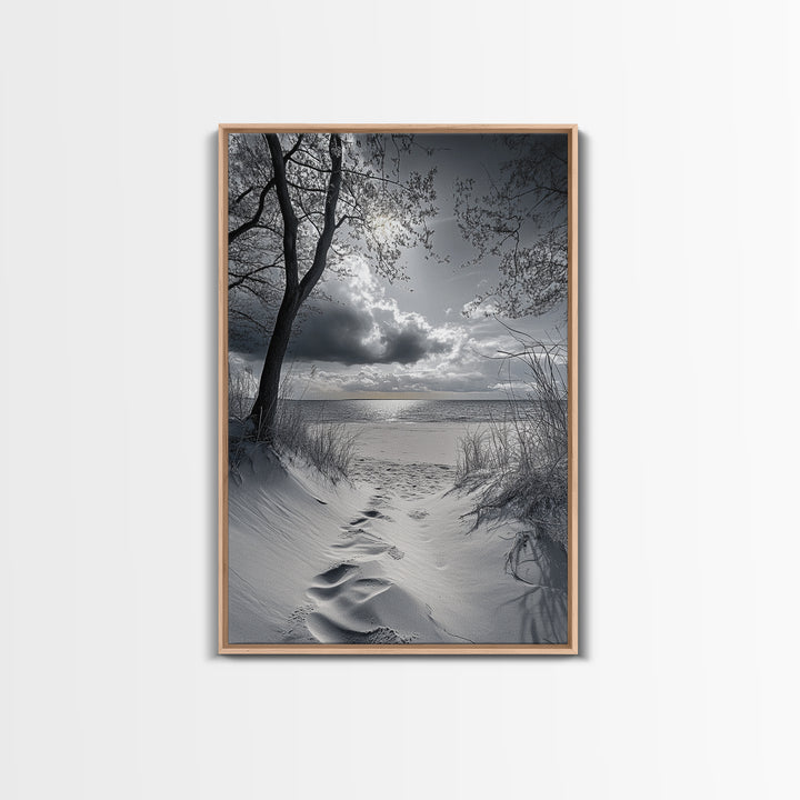 Beach Dunes Sunset, Seaside Escape, Quiet Shore Path, Coastal Calm, Framed Canvas Print, neutral coastal art,  bathroom wall decor