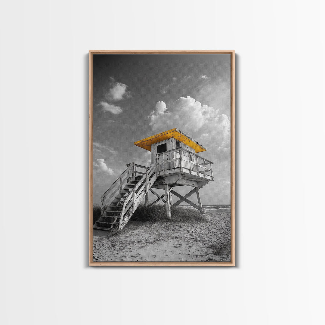 Lifeguard Tower Yellow, Beach Escape, Summer Vibe Art, Ocean Watch Post, Framed Canvas Print, coastal home decor, beach house wall art