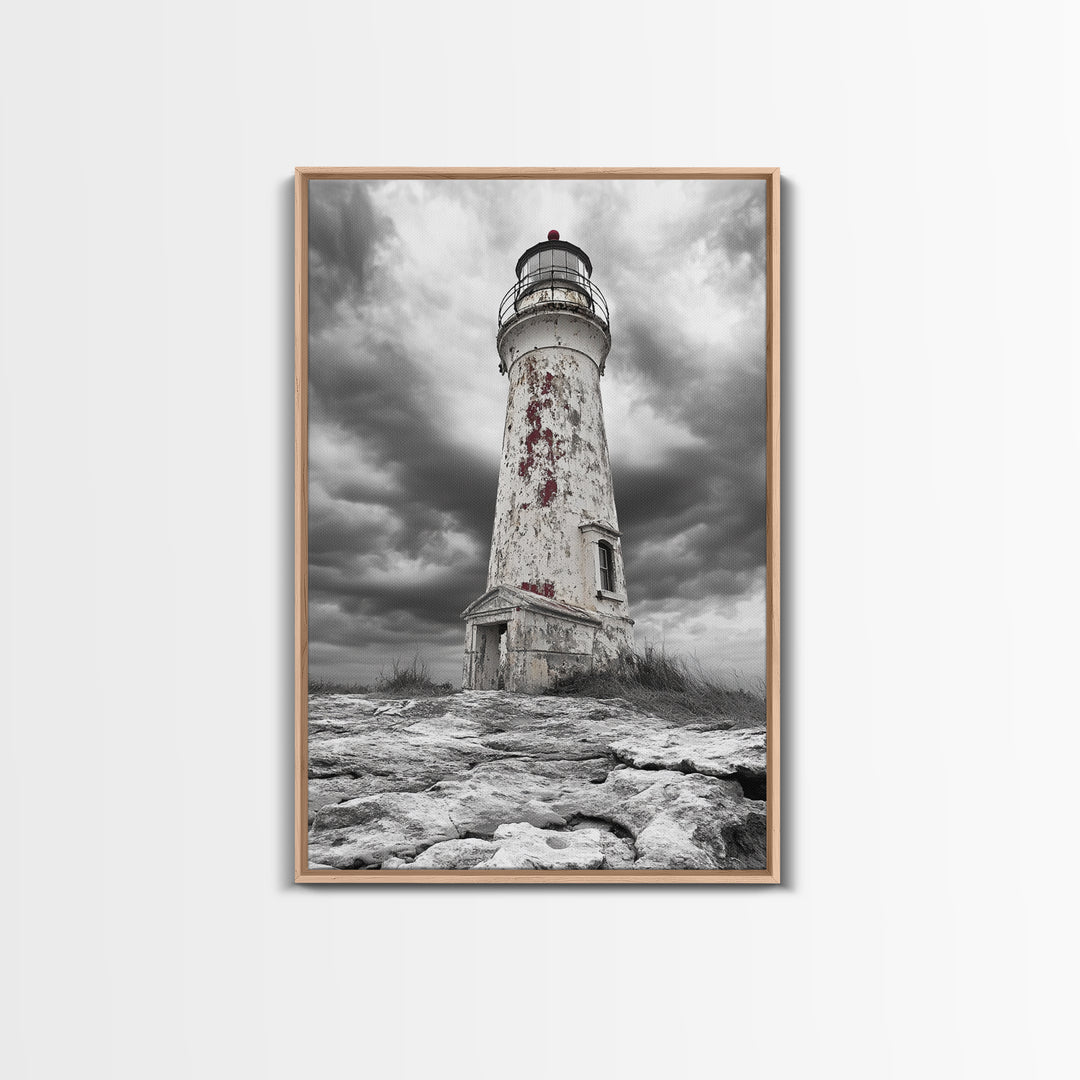 Rustic Lighthouse Shore, Weathered Tower Art, Stormy Coast Scene, Moody Seaside, Framed Canvas Print, nautical bathroom or den wall decor