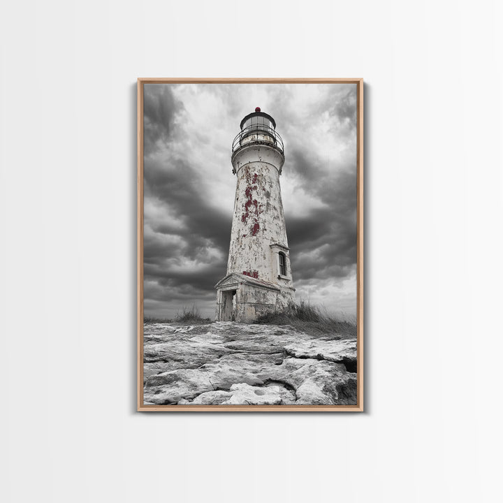 Rustic Lighthouse Shore, Weathered Tower Art, Stormy Coast Scene, Moody Seaside, Framed Canvas Print, nautical bathroom or den wall decor