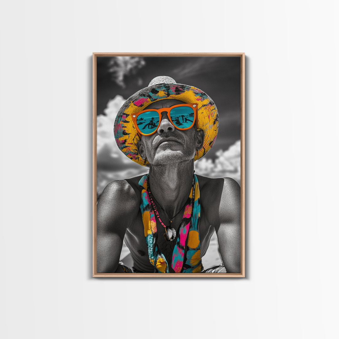 Beach Guy Portrait, Summer Sunglasses, Boho Vibe, Framed Canvas Print, Surf Shack Decor, Eclectic Wall Art, Travel Inspired Design