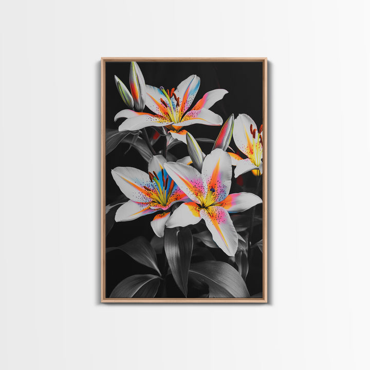Neon Lily, Floral Bloom, Vibrant Flower, Botanical Framed Canvas Print, Color Pop Wall Art, Bedroom Floral Art, Bold Nature Decor