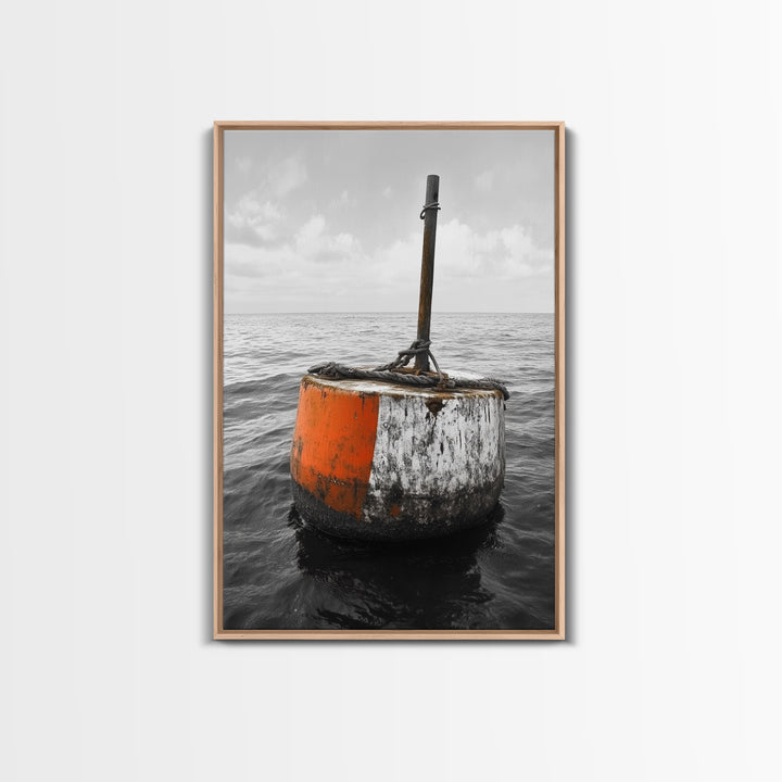 Ocean Buoy Art, Nautical Minimalism, Coastal Wall Decor, Industrial Seascape, Framed Canvas Print, Rustic Ocean Art, Bathroom Wall Art