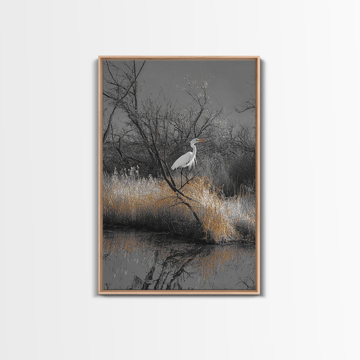 Egret Bird Scene, Autumn Riverbank, Wildlife Nature Print, Moody Wetland Landscape, Framed Canvas Print, Rustic Living Room Wall Art
