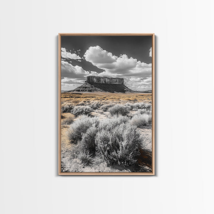 Desert Plateau View, Western Landscape Art, Rustic Nature Decor, Yellow Sagebrush, Framed Canvas Print, Southwestern Living Room Art