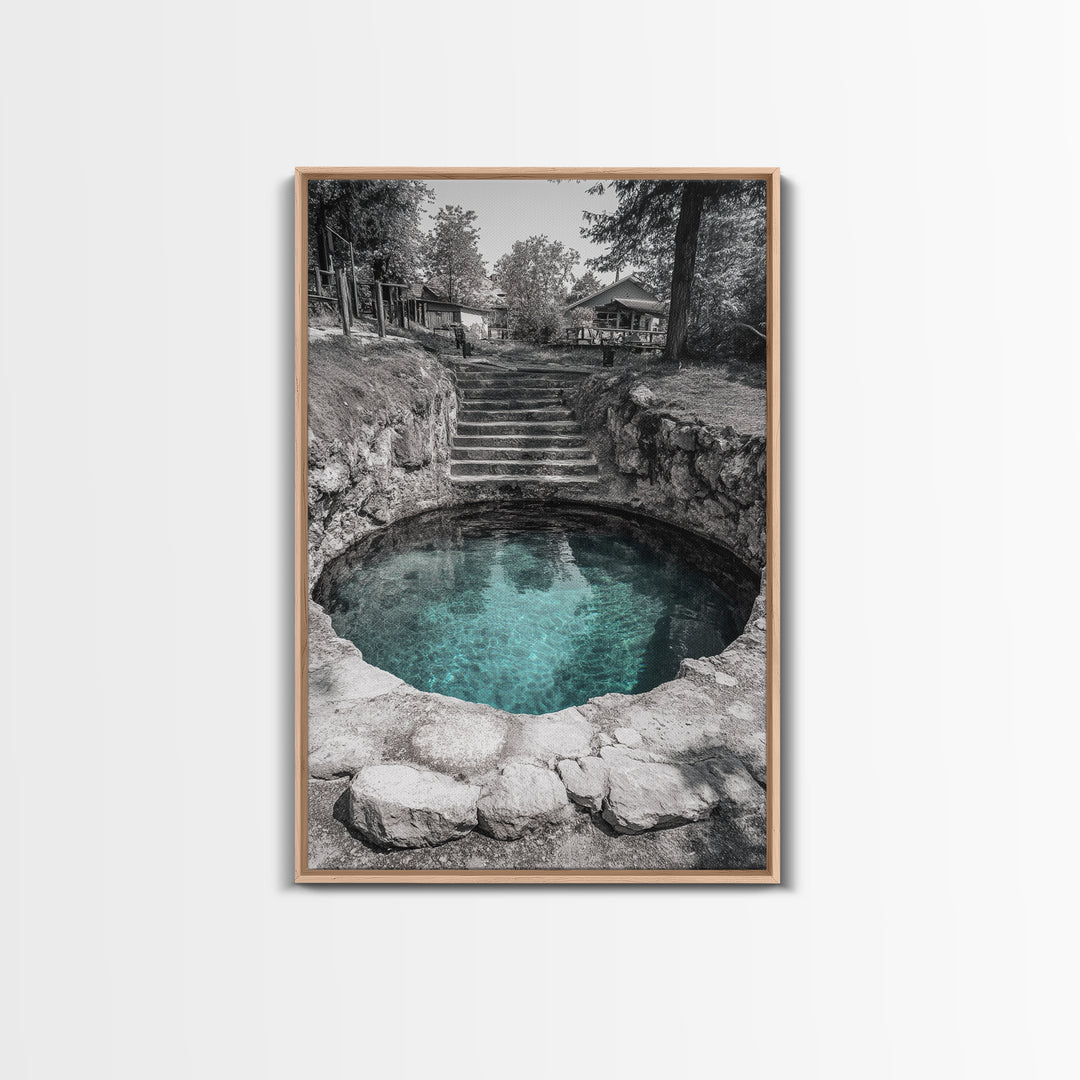Hidden Spring Pool, Stone Garden Scene, Tranquil Nature Print, Zen Wall Decor, Framed Canvas Print, Minimalist Bathroom Wall Art