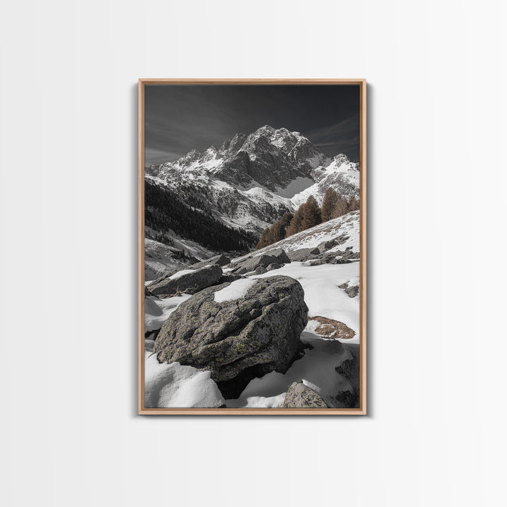 Snowy Alpine Scene, Winter Mountainscape, Nature Photography, Framed Canvas Print, Lodge Wall Art, Cabin Decor, Black and White Art