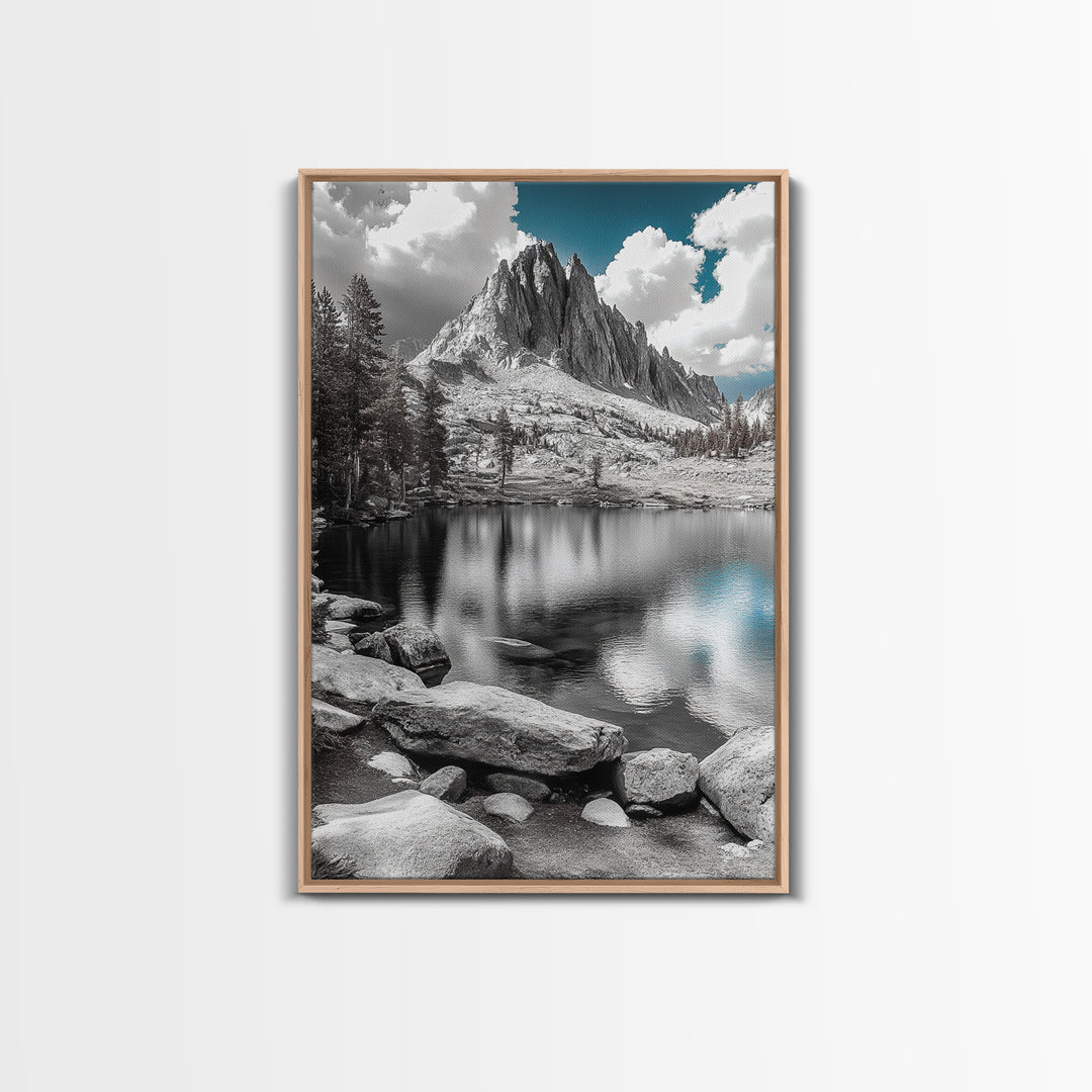 Crystal Lake Peaks, Serene Mountain Reflection, Monochrome Water Scene, Canvas Print, Bedroom Wall Art, Nature Photography Decor