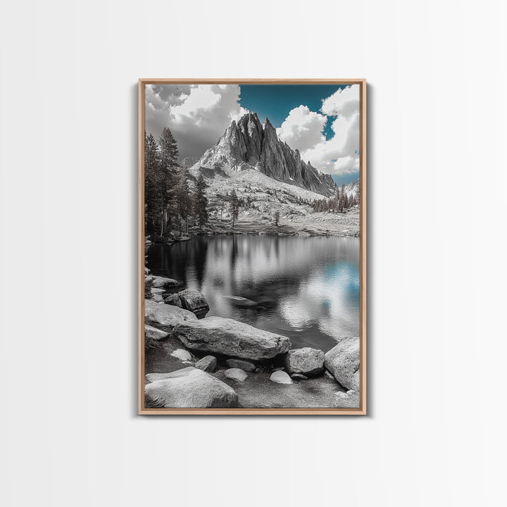 Crystal Lake Peaks, Serene Mountain Reflection, Monochrome Water Scene, Canvas Print, Bedroom Wall Art, Nature Photography Decor