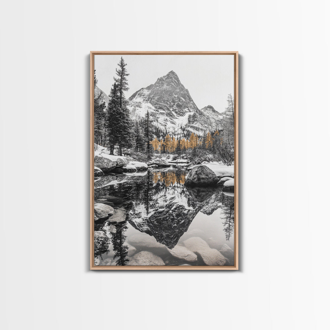 Snow Reflection Forest, Autumn Trees, Serene Mountain River, Framed Canvas Print, Bedroom Wall Art, Peaceful Cabin Scene, Fall Art