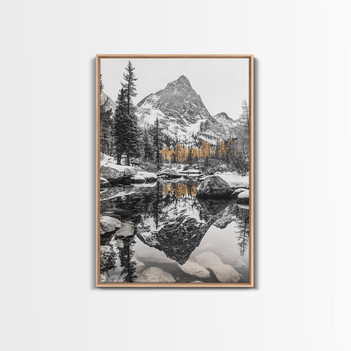 Snow Reflection Forest, Autumn Trees, Serene Mountain River, Framed Canvas Print, Bedroom Wall Art, Peaceful Cabin Scene, Fall Art