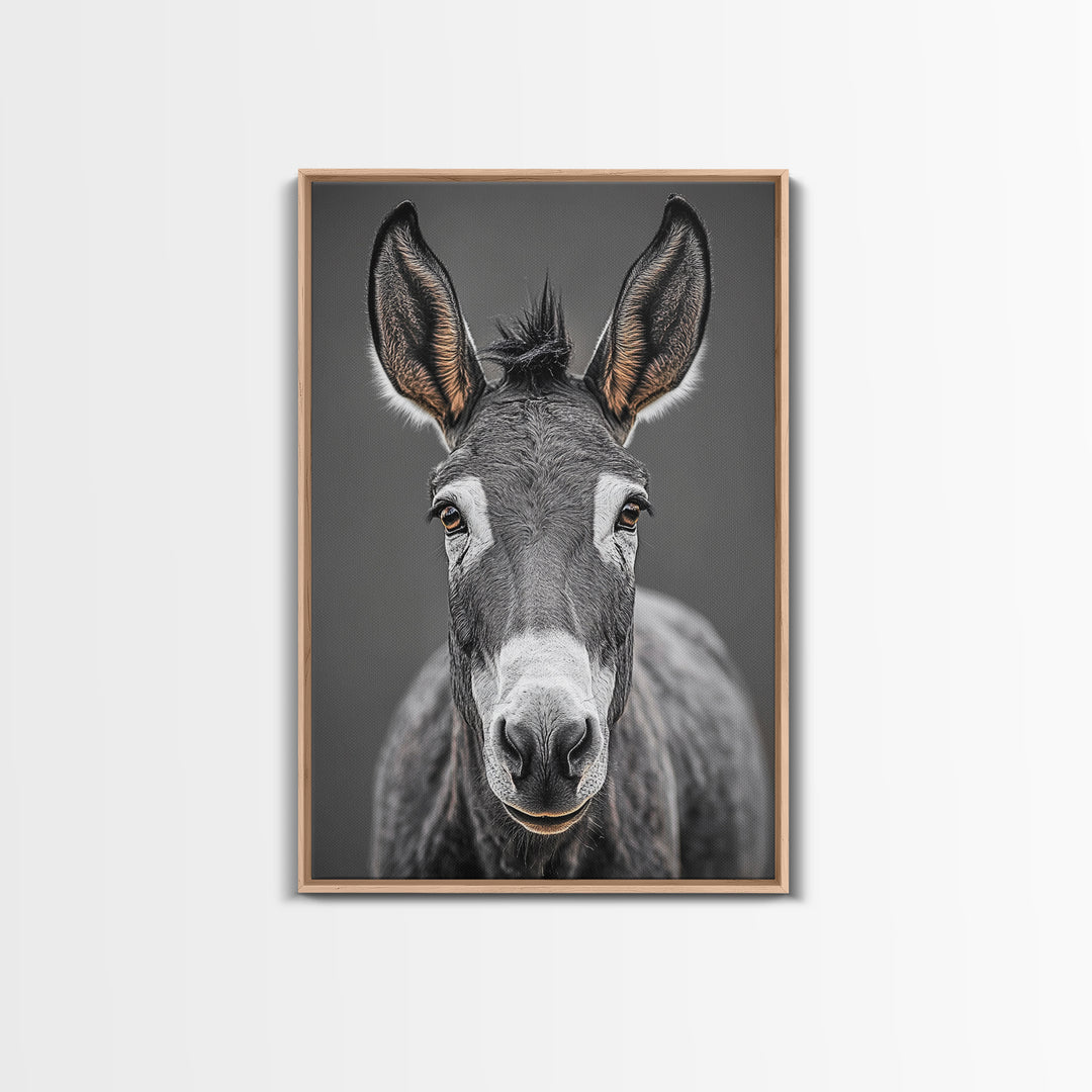 Donkey Close-Up, Rustic Farm Animal, Black and White Portrait, Canvas Print, Farmhouse Kitchen Art, Country Animal Wall Decor