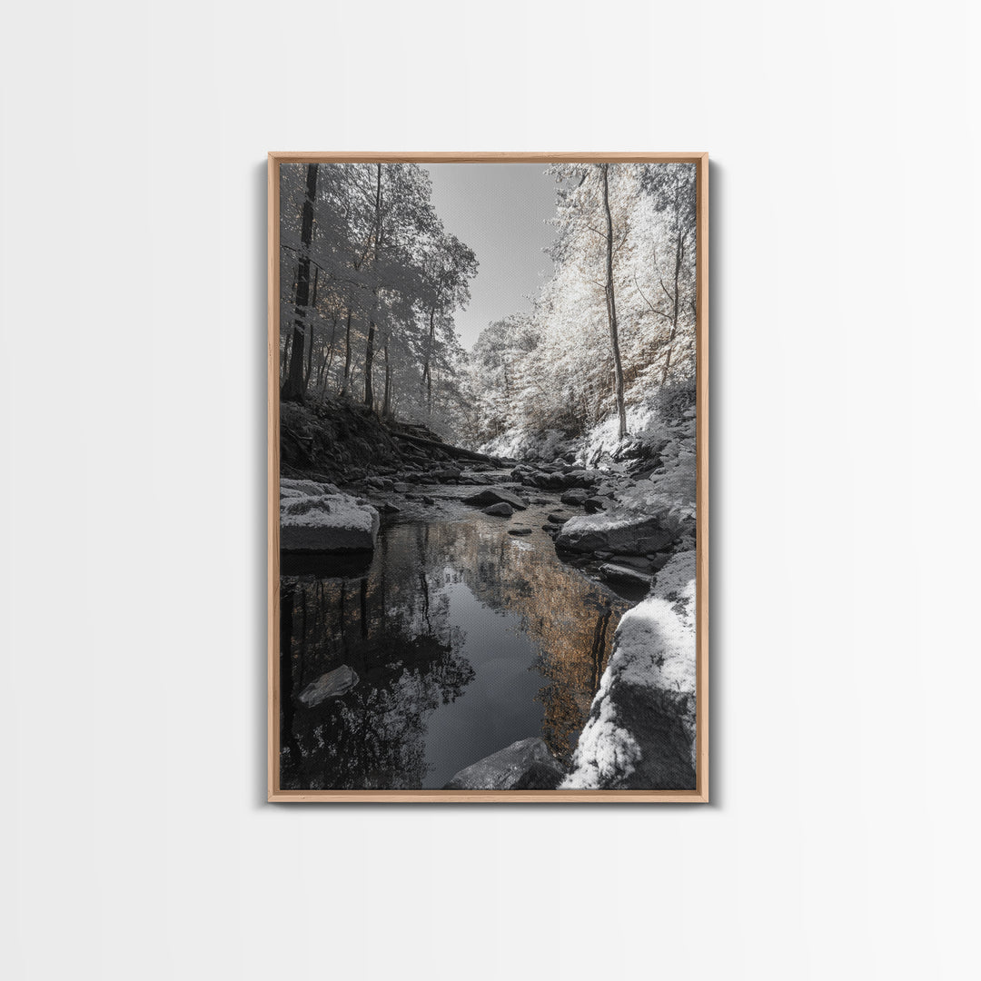 Autumn Creek Walk, Monochrome Forest Stream, Fall Reflections, Framed Canvas Print, Entryway Wall Art, Nature Trail Photography Decor