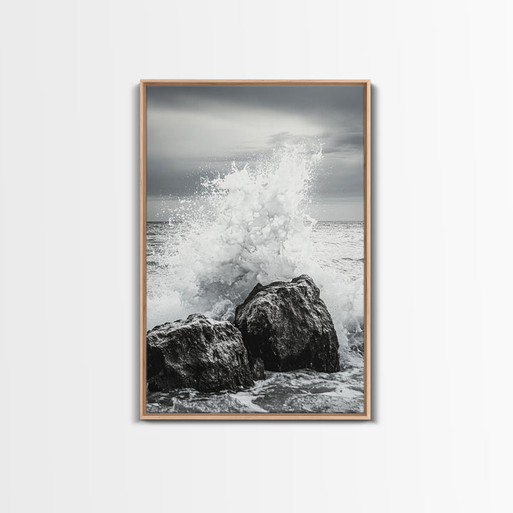 Ocean Splash, Rocky Coast, Dramatic Seascape, Monochrome Power, Framed Canvas Print, Coastal Wall Art, Entryway or Office Decor