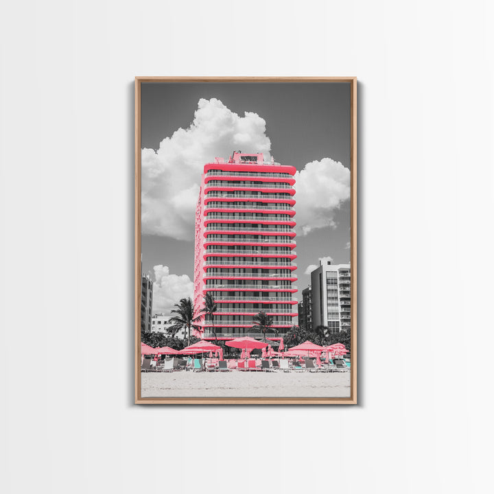 Pink Hotel, Miami Vibes, Summer Retro, Beach Scene, Canvas Print, Pop Art Aesthetic, Living Room Wall Art, Vacation Style