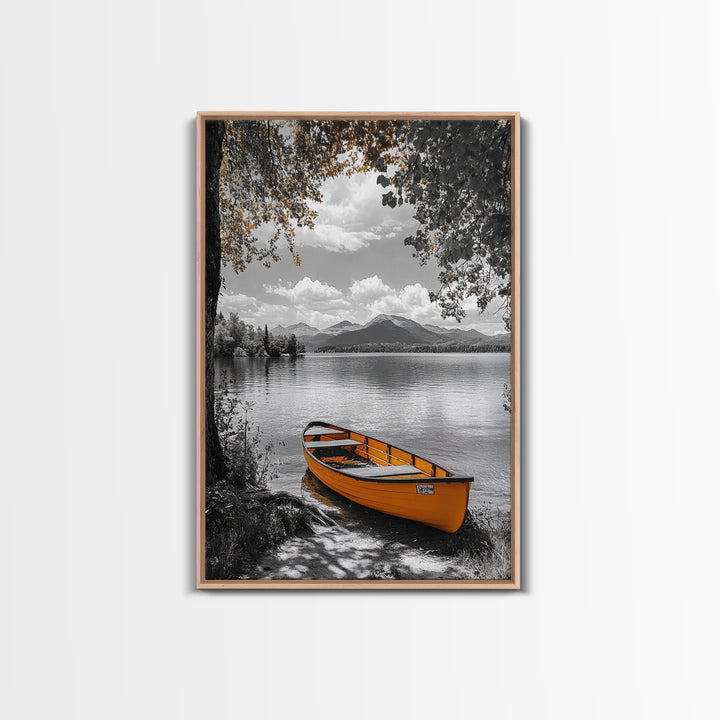 Lake Rowboat, Serene Waters, Mountain Reflection, Framed Canvas Print, Minimalist Nature Art, Living Room Wall Art, Tranquil Landscape