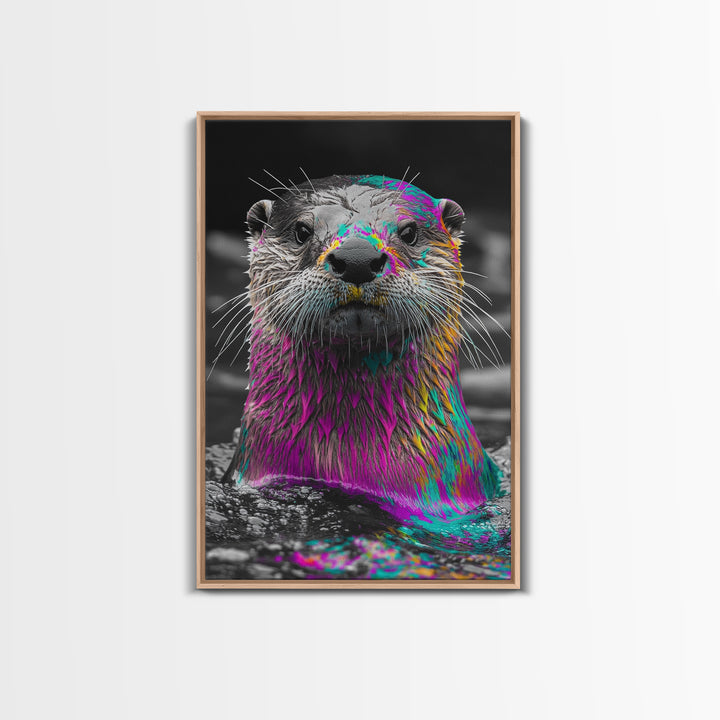 Colorful Otter, Vibrant Animal, Rainbow Fur, Framed Canvas Print, Kids Room Decor, Whimsical Wildlife Art, Playroom Wall Art, Bold Style