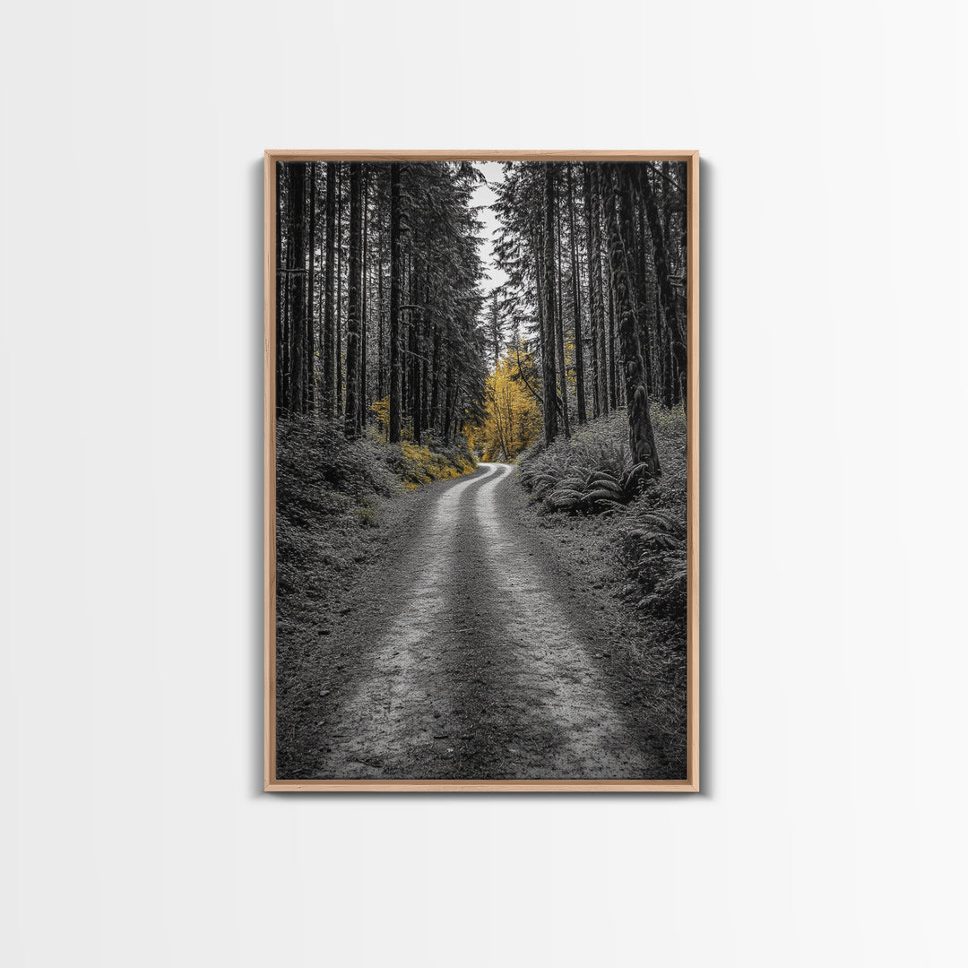 Forest Path, Yellow Trees, Autumn Trail, Framed Canvas Print, Fall Wall Art, Woodland Nature Decor, Cozy Home Accent, Entryway Artwork