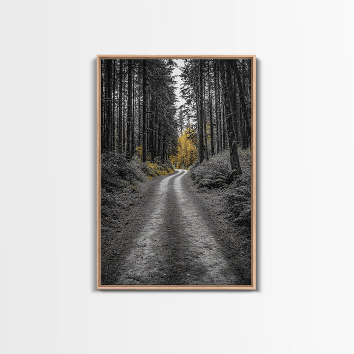 Forest Path, Yellow Trees, Autumn Trail, Framed Canvas Print, Fall Wall Art, Woodland Nature Decor, Cozy Home Accent, Entryway Artwork