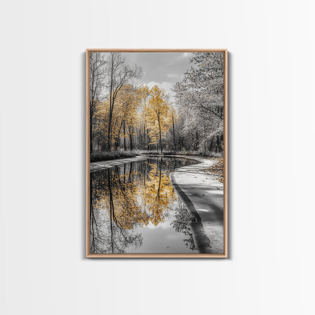 Autumn Trees, Yellow Reflection, Calm River, Nature Path, Framed Canvas Print fall landscape wall art, minimalist forest photography