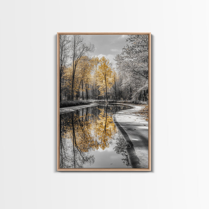 Autumn Trees, Yellow Reflection, Calm River, Nature Path, Framed Canvas Print fall landscape wall art, minimalist forest photography