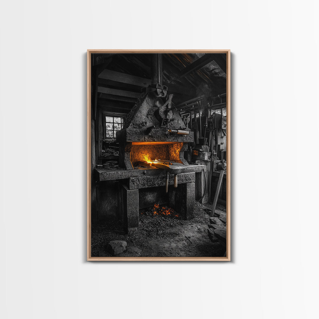 Forge Fire, Rustic Workshop, Industrial Heat, Metal Craft, Framed Canvas Print blacksmith decor, man cave wall art, moody workshop vibe