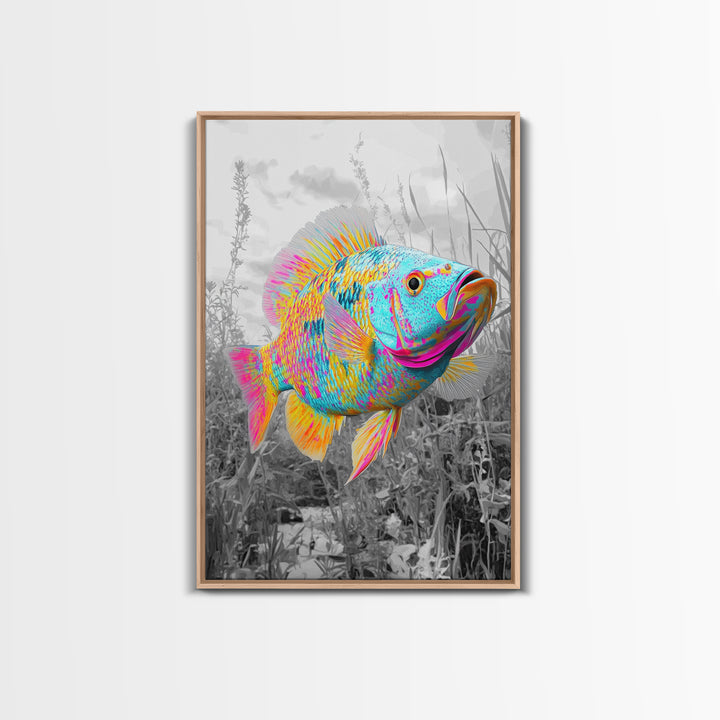 Neon Fish, Color Splash, Bright Animal, Vibrant Water, Framed Canvas Print psychedelic aquatic art, kids room fish wall decor, animal print