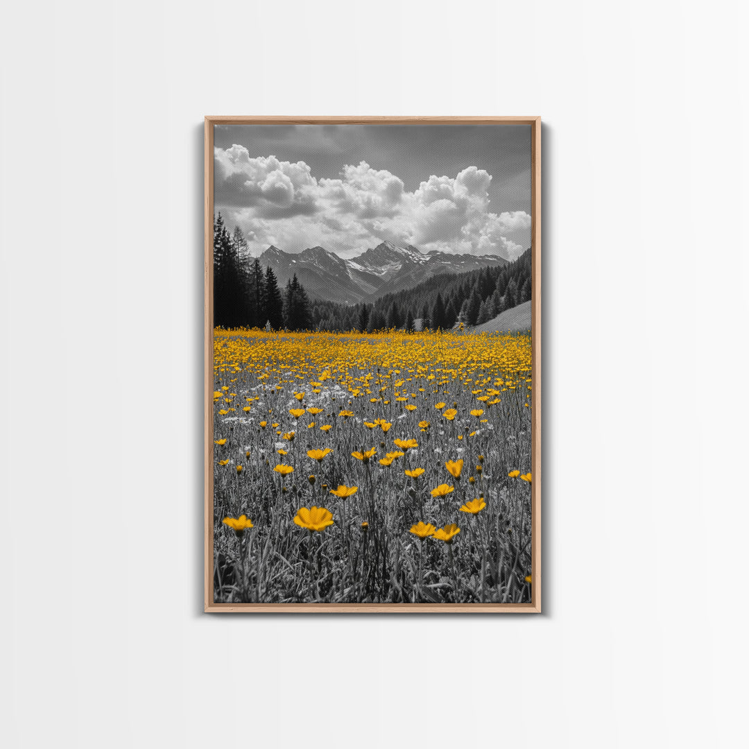 Yellow Wildflowers, Mountain Field, Blooming Meadow, Framed Canvas Print, Nature Photography, Rustic Decor, Dining Room Wall Art