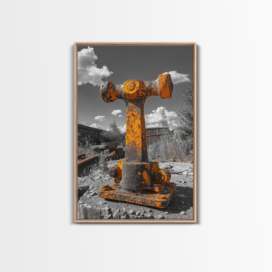 Rusty Bolt, Yellow Steel, Industrial Contrast, Framed Canvas Print, Garage Decor, Workshop Wall Art, Urban Grunge Photography