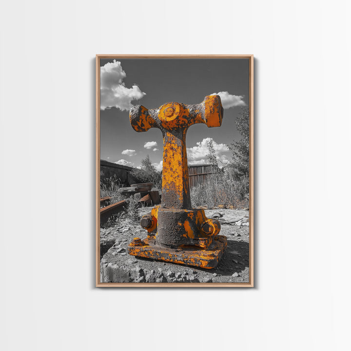 Rusty Bolt, Yellow Steel, Industrial Contrast, Framed Canvas Print, Garage Decor, Workshop Wall Art, Urban Grunge Photography
