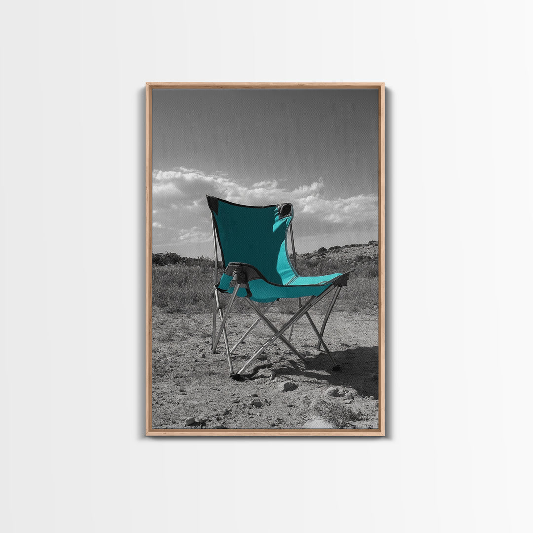 Teal Camp Chair, Outdoor Minimalism, Desert Art, Canvas Print, Camping Wall Decor, Nature Photo, Rustic Retreat, Cabin Wall Art