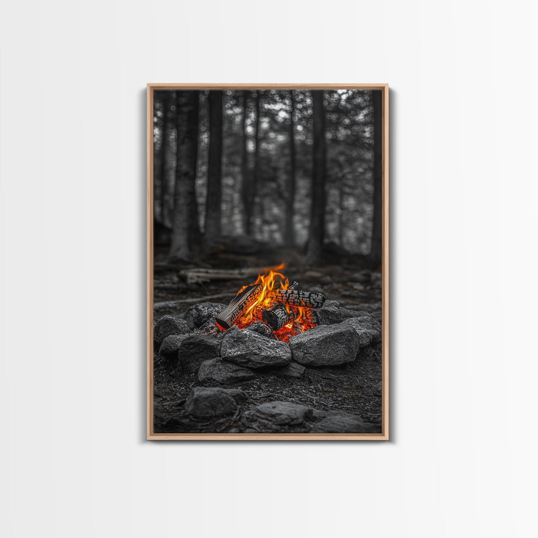 Campfire Glow, Cozy Flames, Autumn Wall Art, Framed Canvas Print, Nature Photography, Rustic Decor, Living Room Cabin Aesthetic