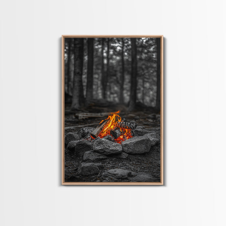 Campfire Glow, Cozy Flames, Autumn Wall Art, Framed Canvas Print, Nature Photography, Rustic Decor, Living Room Cabin Aesthetic