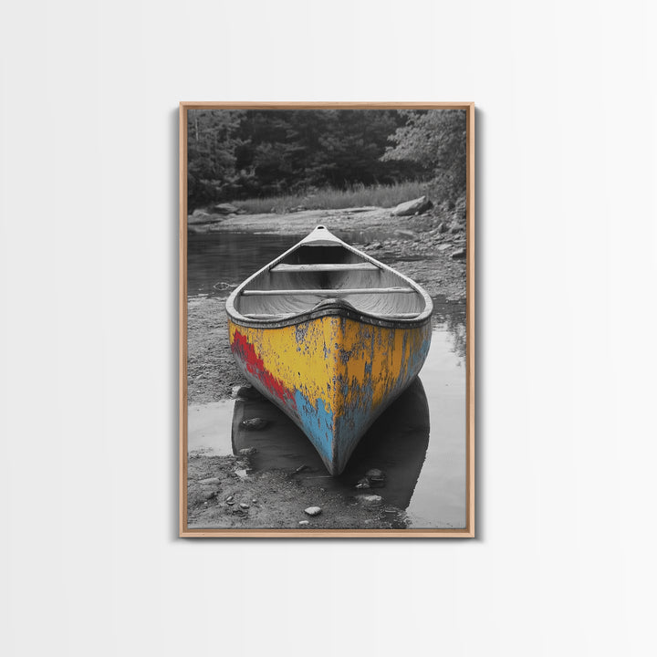 Rustic Canoe, Weathered Paint, River Adventure Art, Framed Canvas Print, Cabin Wall Decor, Color Pop Nature Photography