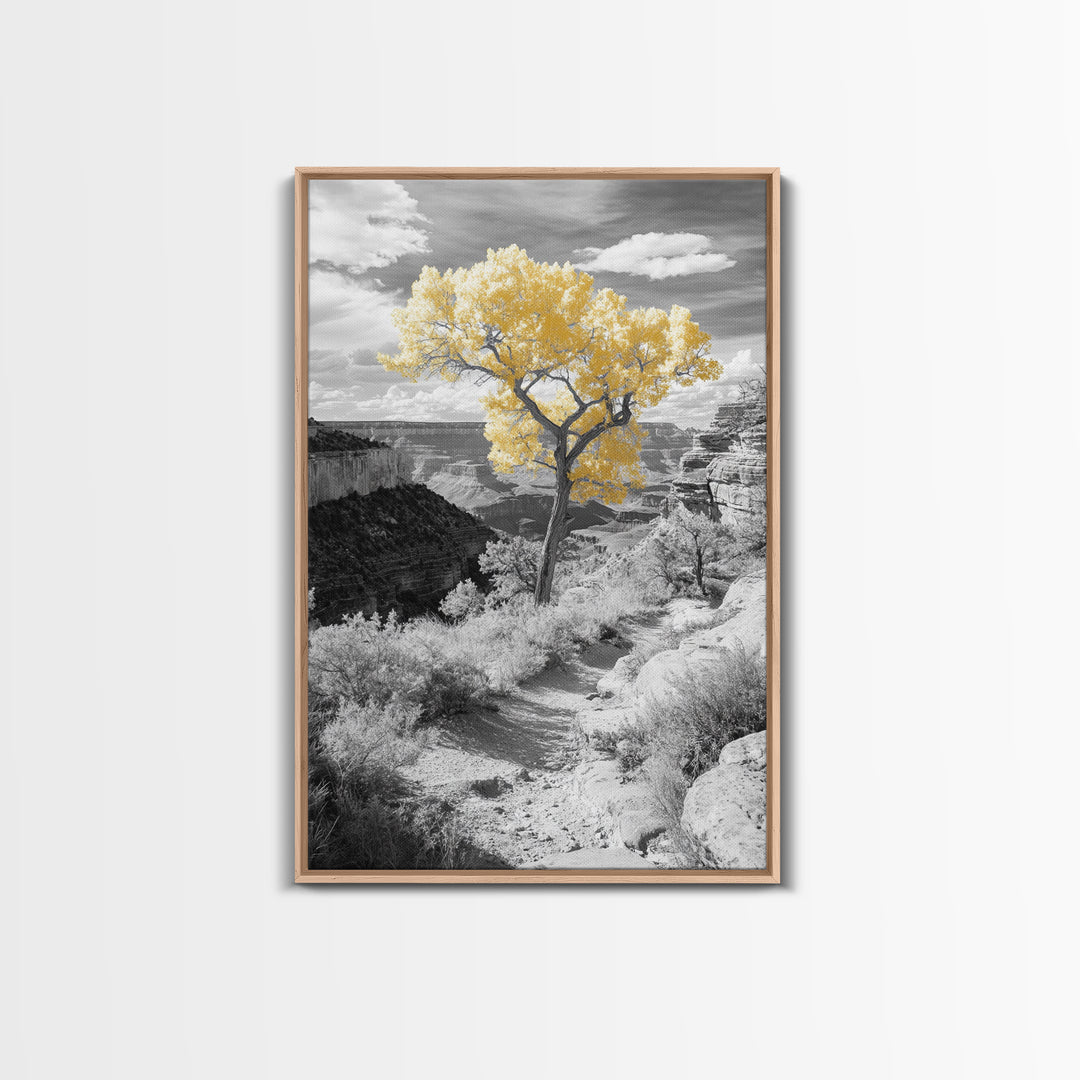 Autumn Canyon Trail, Yellow Tree, Nature Photography, Framed Canvas Print, Fall Wall Decor, Grand Canyon Print, Minimalist Landscape Art