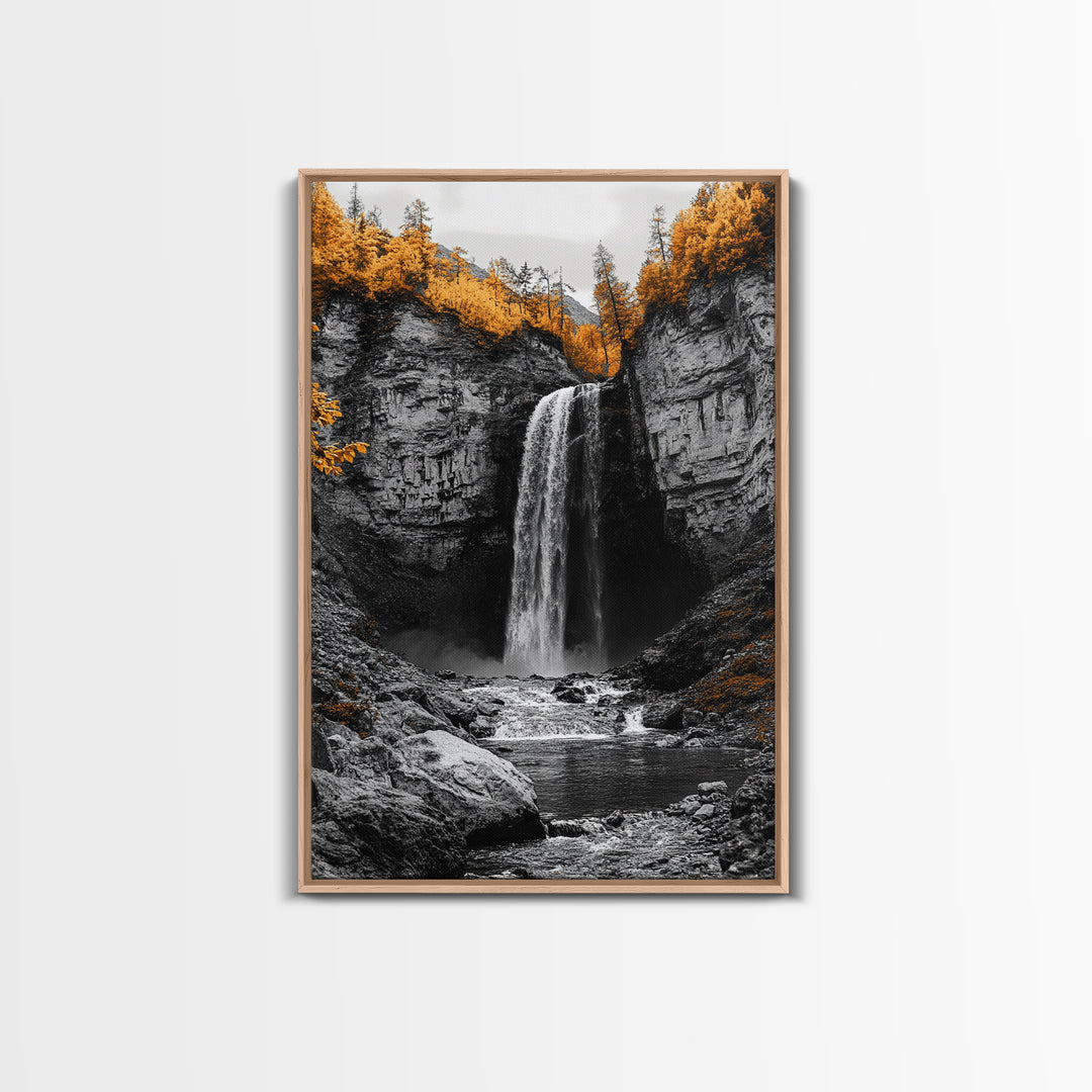 Autumn Waterfall, Forest Stream, Yellow Trees, Canvas Print, Nature Wall Art, Fall Decor, Moody Landscape Art, Living Room Wall Art