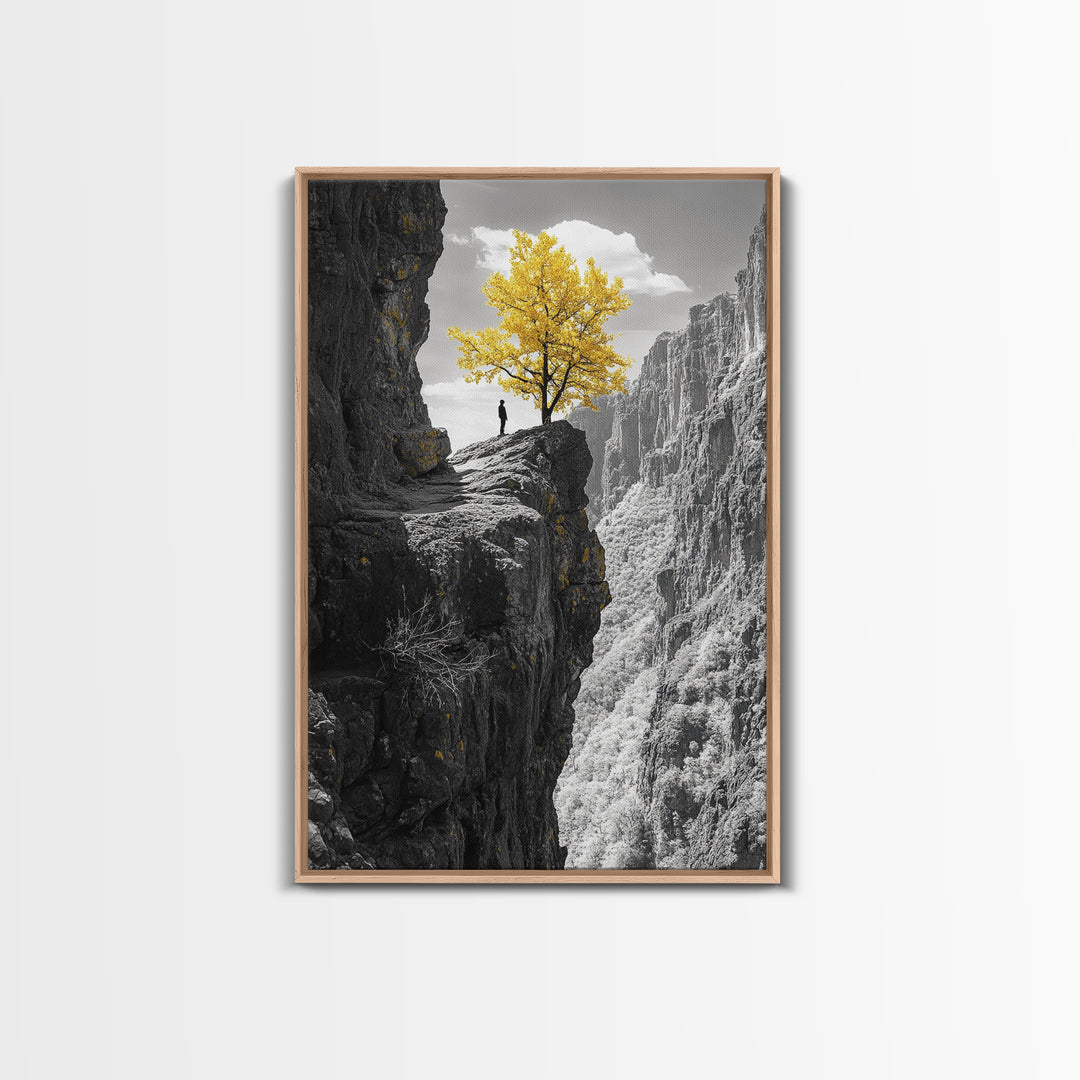 Cliff Tree, Yellow Foliage, Hiker Scene, Framed Canvas Print, Landscape Art, Fall Wall Decor, Adventure Wall Art, Office Statement Piece