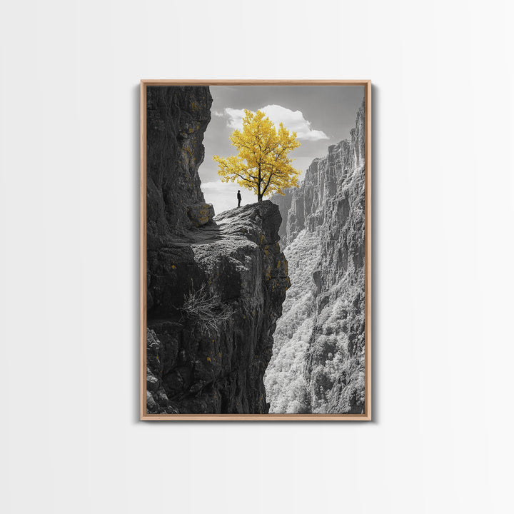 Cliff Tree, Yellow Foliage, Hiker Scene, Framed Canvas Print, Landscape Art, Fall Wall Decor, Adventure Wall Art, Office Statement Piece