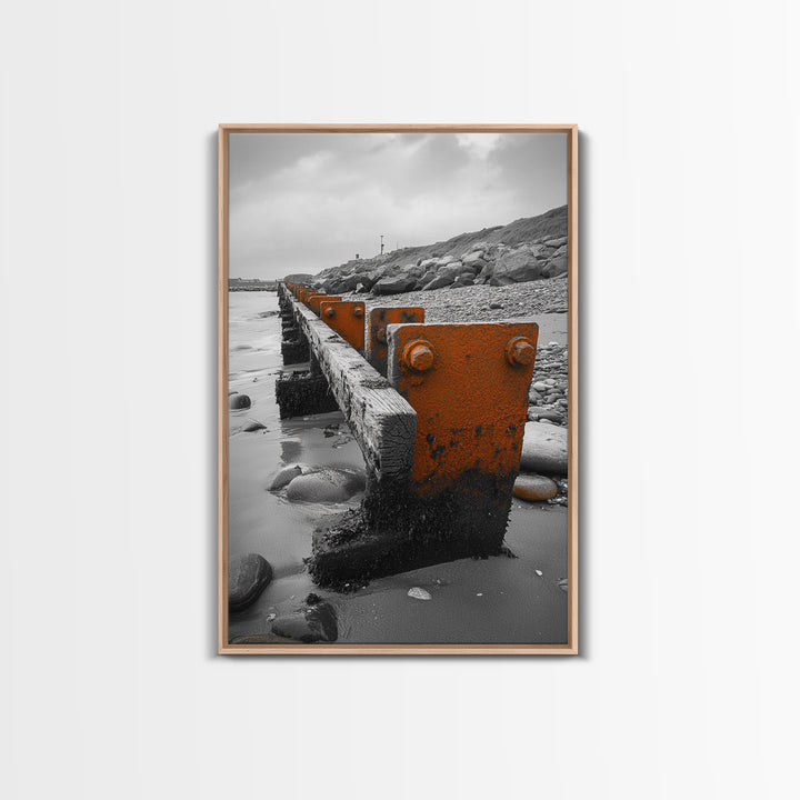 Coastal Breakwater, Rust Texture, Industrial Seascape, Framed Canvas Print, Modern Rustic Wall Art, Ocean Decor, Urban Beach Style